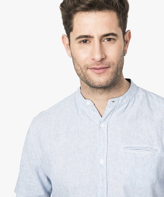 Chemise en lin rayée à manches courtes et col mao vue2 - GEMO (HOMME) - GEMO