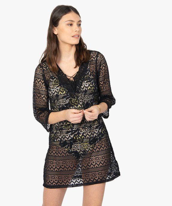 Robe de plage femme courte ajourée à manches 3/4 vue1 - GEMO (PLAGE) - GEMO