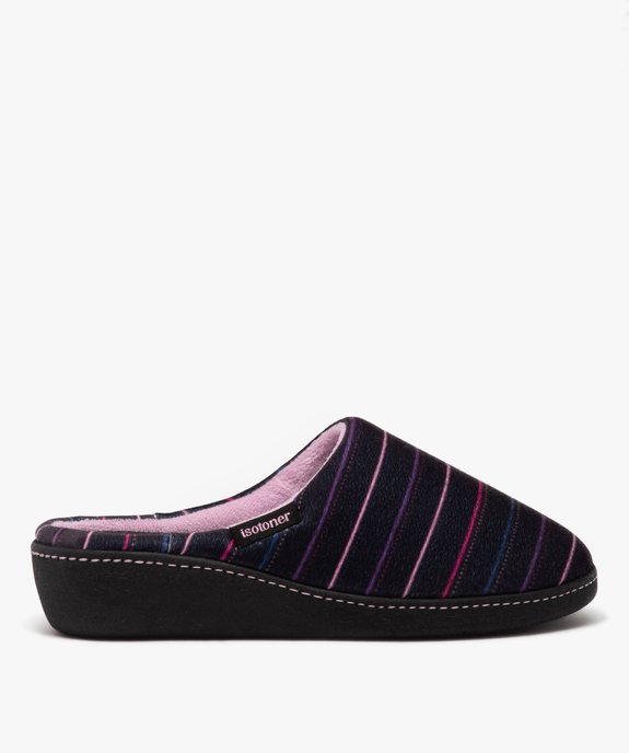 Chaussons femme mules confort à semelle compensée en velours rayé - Isotoner  vue1 - ISOTONER - GEMO