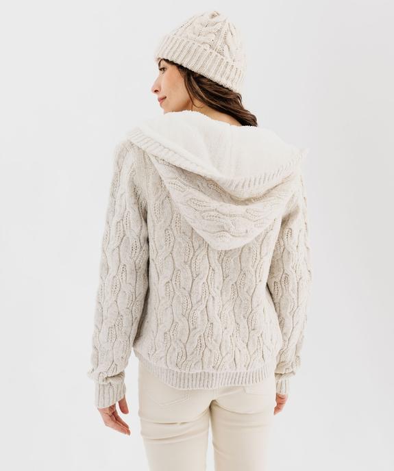 Gilet zippé à capuche en grosse maille torsadée et doublure sherpa femme - LuluCastagnette - LULUCASTAGNETTE Gilet zippé à capuche en grosse maille torsadée et doublure sherpa femme - LuluCastagnette vue3 - LULUCASTAGNETTE - GEMO
