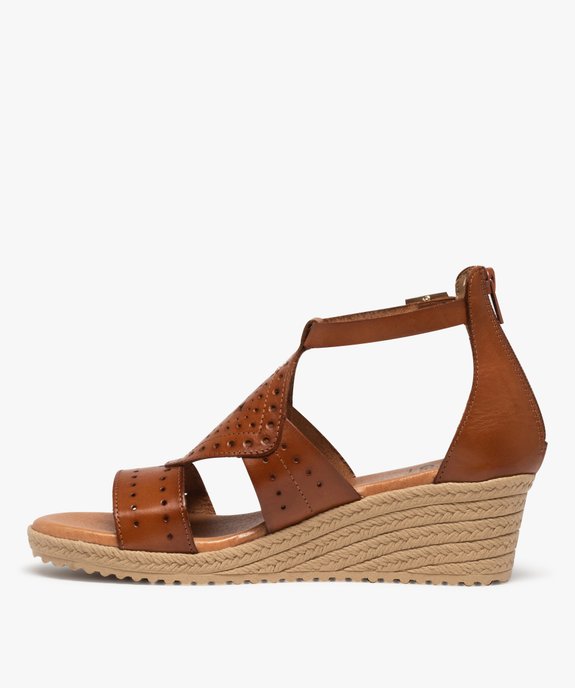 Sandales femme compensées dessus cuir ajouré vue3 - GEMO(URBAIN) - GEMO
