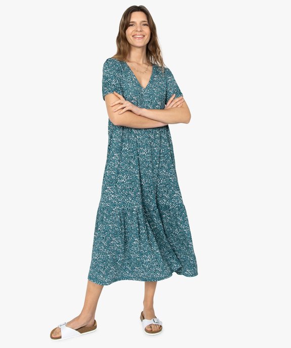Robe longue femme à motifs fleuris et manches courtes ballon vue1 - GEMO(FEMME PAP) - GEMO