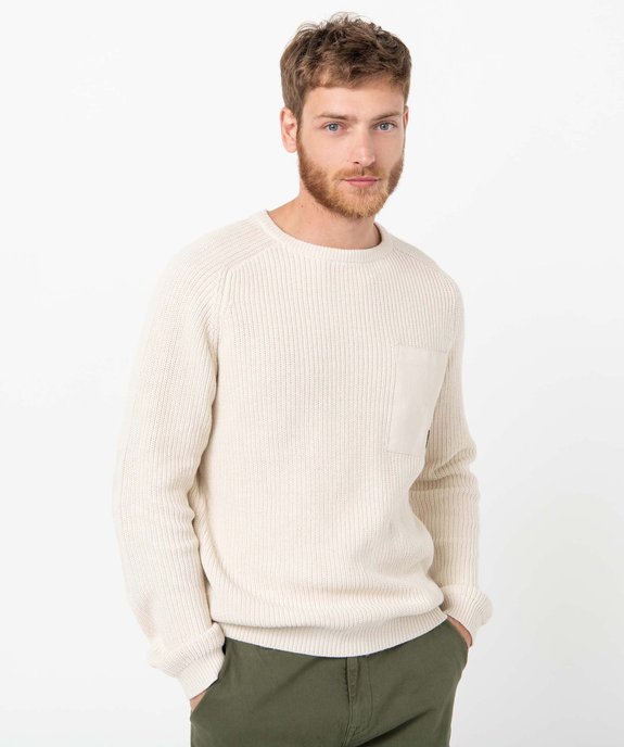 Pull homme uni en grosse maille avec empiècements vue1 - GEMO (HOMME) - GEMO