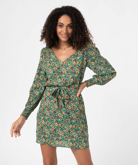 Robe femme imprimée à manches longues avec ceinture vue1 - GEMO(FEMME PAP) - GEMO
