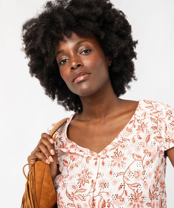 Tee-shirt manches courtes à boutonnière en maille ajourée femme vue2 - GEMO(FEMME PAP) - GEMO