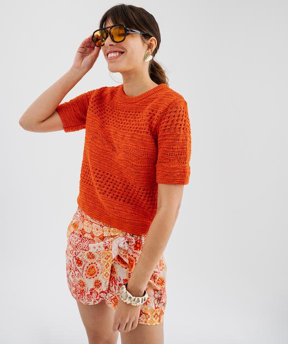 Pull manches courtes en maille ajourée femme vue4 - GEMO 4G FEMME - GEMO