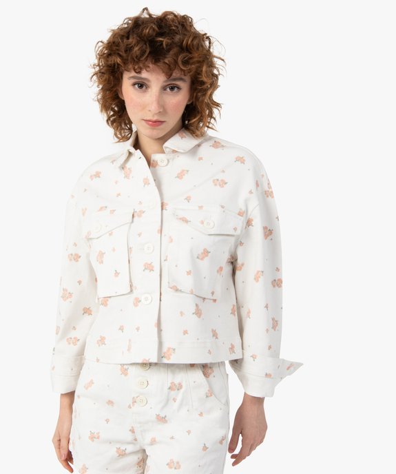 Veste femme en jean courte à motifs fleuris vue1 - GEMO(FEMME PAP) - GEMO