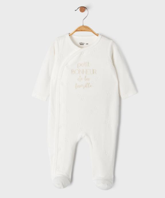 Pyjama en velours ouverture devant avec message  bébé vue1 - GEMO 4G BEBE - GEMO