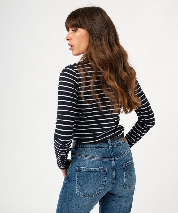 Tee-shirt manches longues à col roulé en maille côtelée rayée femme vue3 - GEMO 4G FEMME - GEMO