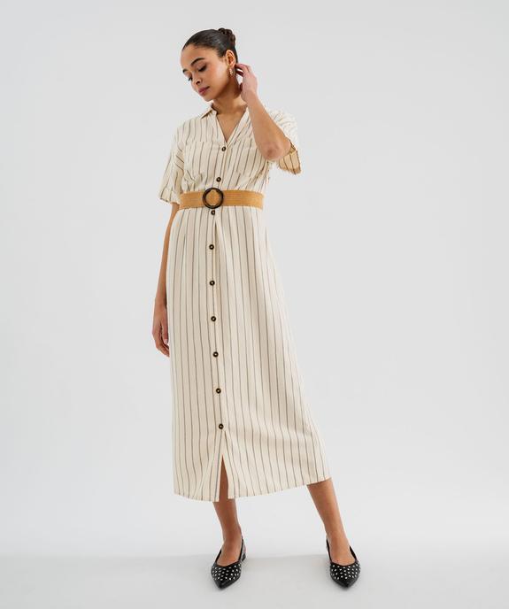 Robe chemise longue en viscose et lin rayé femme - LuluCastagnette vue1 - LULUCASTAGNETTE - GEMO