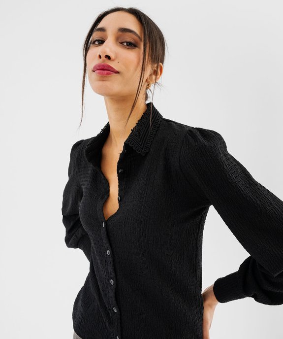 Chemise manches longues en maille stretch froissée à col dentelle femme vue2 - GEMO(FEMME PAP) - GEMO
