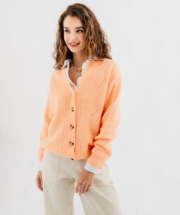 Gilet col V en maille ajourée femme vue2 - GEMO(FEMME PAP) - GEMO