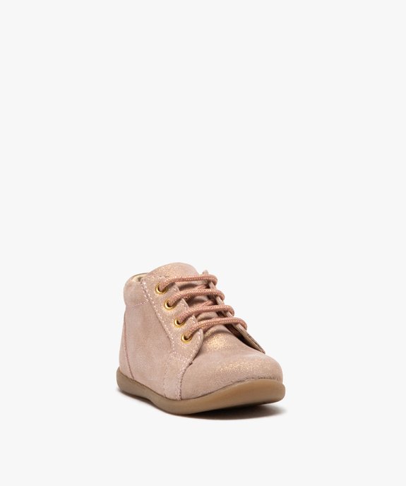 Chaussures premiers pas bébé fille en cuir suédé pailleté et à lacets  vue2 - GEMO(BEBE DEBT) - GEMO