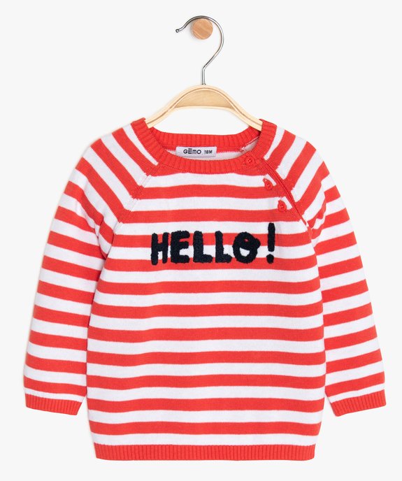 Pull bébé garçon à rayures avec inscription en maille bouclette vue1 - GEMO(BEBE DEBT) - GEMO