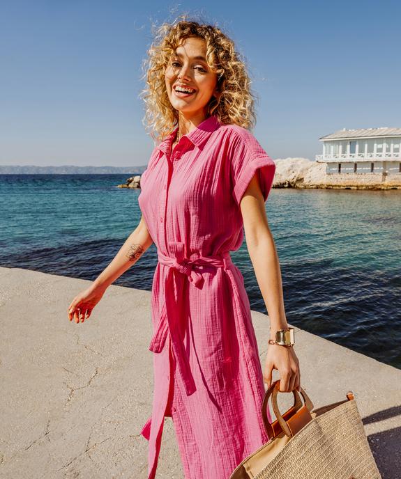 Robe chemise longue à manches courtes en gaze de coton femme vue1 - GEMO(FEMME PAP) - GEMO