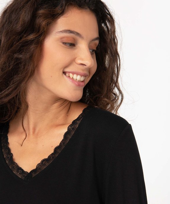Tee-shirt femme à manches longues et col V en dentelle vue2 - GEMO 4G FEMME - GEMO