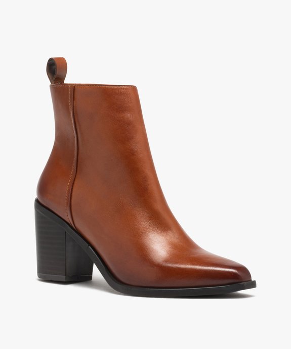 Boots femme en cuir uni à talon carré et bout pointu - Taneo vue3 - TANEO - GEMO
