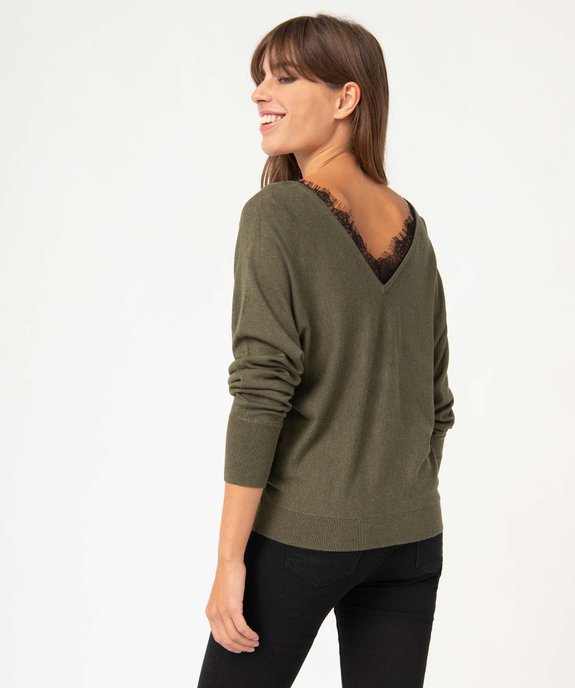 Pull femme en maille fine avec double col V bordé de dentelle vue3 - GEMO 4G FEMME - GEMO
