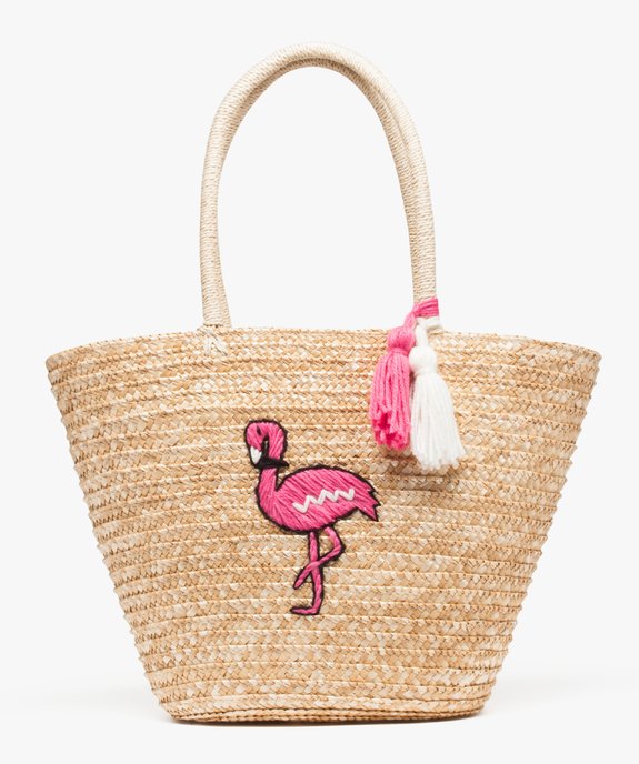 Sac cabas en paille avec motif flamant rose brodé vue1 - GEMO (ACCESS) - GEMO