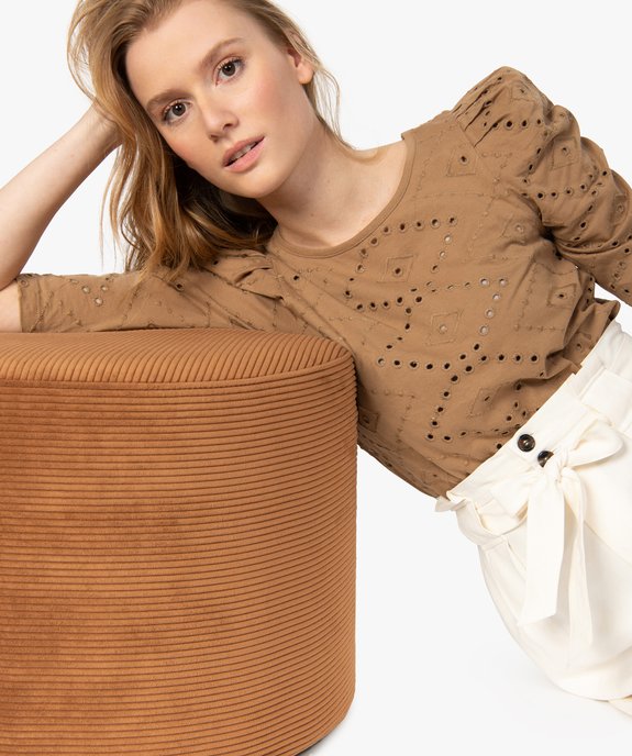 Tee-shirt femme en broderie anglaise avec manches bouffantes vue1 - GEMO(FEMME PAP) - GEMO