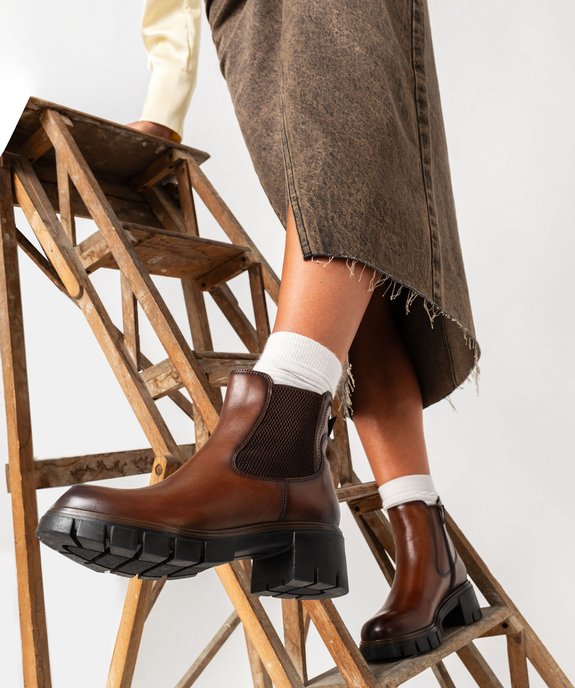 Boots femme à talon chunky dessus en cuir avec zip vue1 - 5 MILES - GEMO
