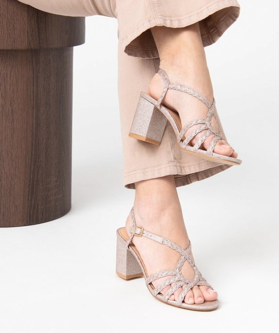 Sandales femme à talon à fines brides pailletées tressées vue1 - GEMO(URBAIN) - GEMO