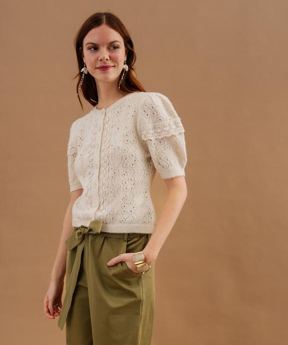 Gilet manches courtes en maille ajourée et dentelle femme vue2 - GEMO(FEMME PAP) - GEMO