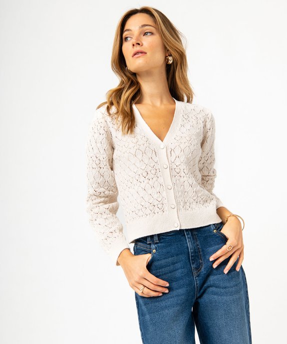 Gilet court à col V en maille ajourée femme vue1 - GEMO 4G FEMME - GEMO