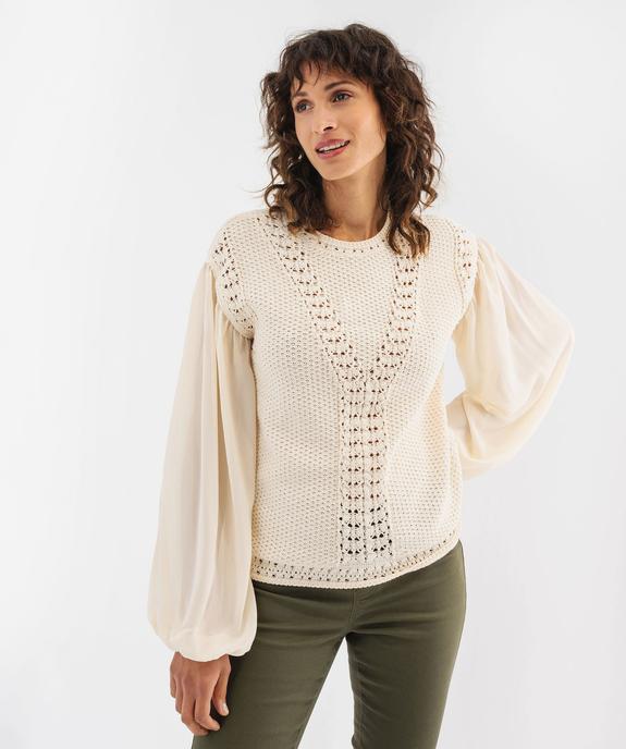 Pull en  maille ajourée à manches blousantes en voile femme - GEMO 4G FEMME Pull en  maille ajourée à manches blousantes en voile femme vue1 - GEMO 4G FEMME - GEMO