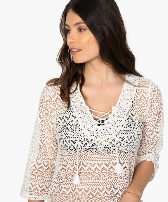 Robe de plage femme courte ajourée à manches 3/4 vue2 - GEMO (PLAGE) - GEMO