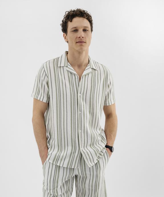 Chemise manches courtes col cubain en textile de coton tissé rayé homme vue1 - GEMO 4G HOMME - GEMO