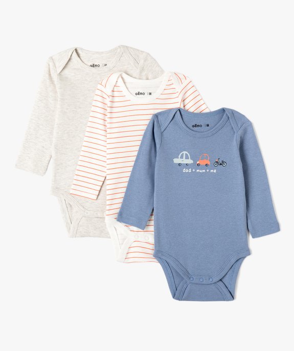 Bodies bébé à manches longues et col américain thème voitures (lot de 3) vue1 - GEMO 4G BEBE - GEMO