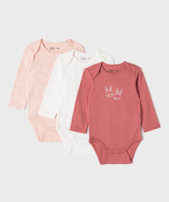 Bodies manches longues motifs lapins bébé fille (lot de 3) vue1 - GEMO 4G BEBE - GEMO