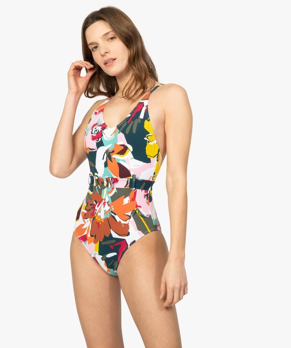 Maillot de bain femme une pièce multicolore avec ceinture vue1 - GEMO (PLAGE) - GEMO