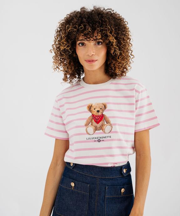Tee-shirt manches courtes en jersey rayé motif ourson femme - LuluCastagnette vue1 - LULU CASTAGNETTE GEMO FOR GOOD - GEMO