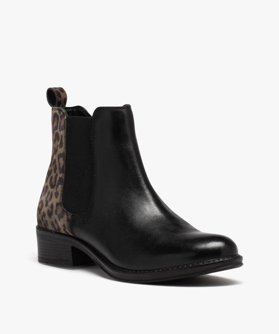 Bottines femme à talon dessus en cuir bicolore imprimé léopard  vue2 - GEMO (CASUAL) - GEMO