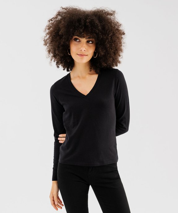 Tee-shirt manches longues et col V uni femme vue1 - GEMO 4G FEMME - GEMO