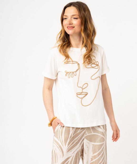 Tee-shirt manches courtes avec motif visage brodé femme vue1 - GEMO(FEMME PAP) - GEMO
