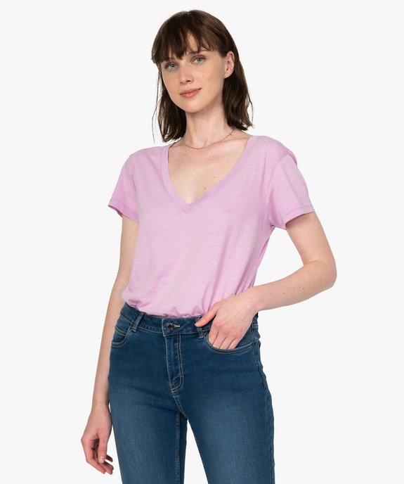 Tee-shirt femme à manches courtes et grand col V vue1 - GEMO(FEMME PAP) - GEMO
