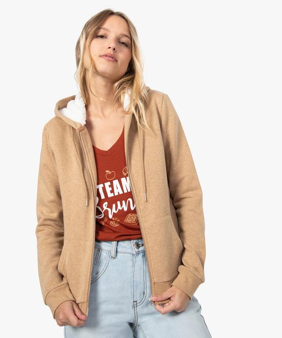 Sweat femme à capuche doublé sherpa et zippé sur l'avant vue1 - FOLLOW ME - GEMO