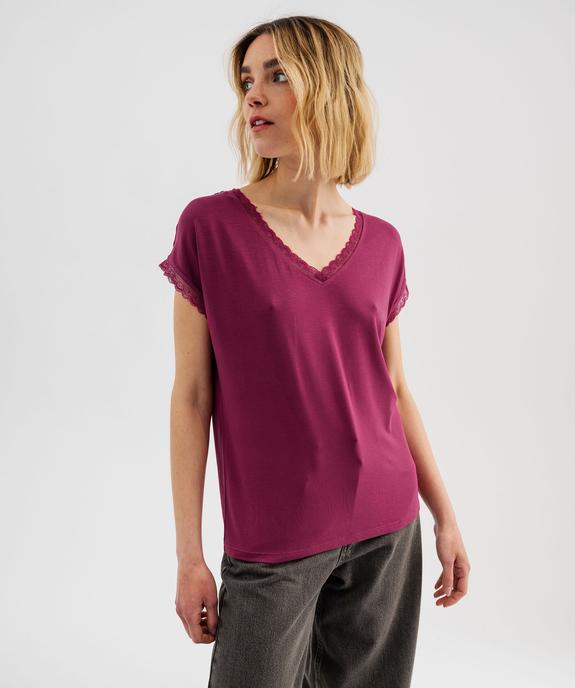 Tee-shirt à manches courtes et col V en dentelle coupe loose femme vue1 - GEMO 4G FEMME - GEMO