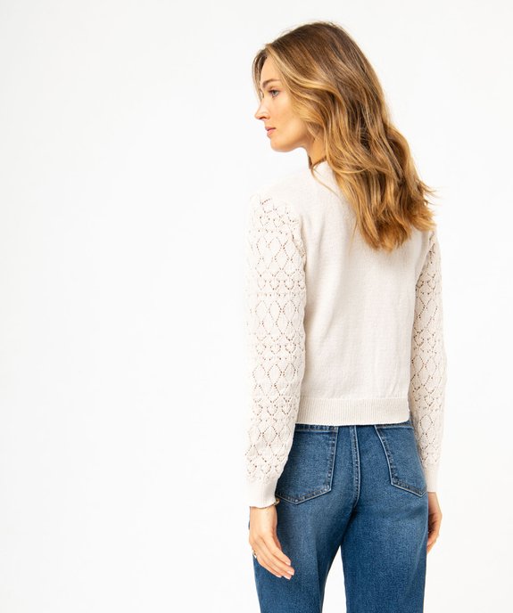 Gilet court à col V en maille ajourée femme vue3 - GEMO 4G FEMME - GEMO