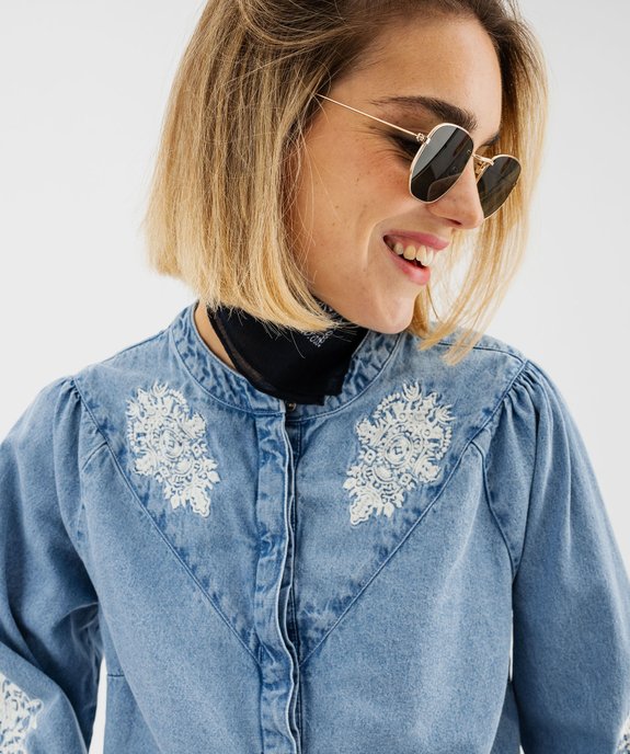 Chemise en jean manches longues coupe large à broderies femme vue2 - GEMO 4G FEMME - GEMO