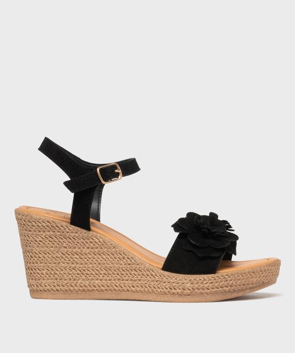 Sandales en cuir à talon compensé et fleurs en relief femme - Tanéo vue1 - TANEO - GEMO