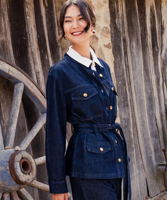 Veste longue en toile denim avec ceinture femme vue1 - GEMO 4G FEMME - GEMO