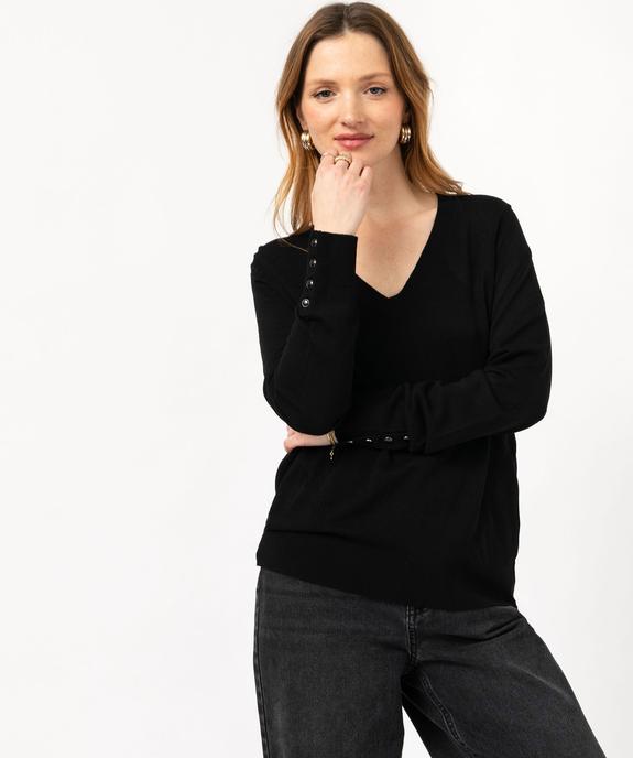 Pull fin à col V avec boutons aux poignets femme vue2 - GEMO 4G FEMME - GEMO