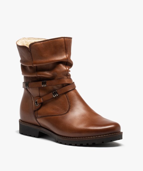 Boots fourrées femme dessus cuir uni à bride décorative – Tanéo vue2 - TANEO - GEMO