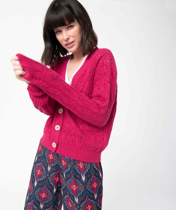 Gilet femme court en maille ajourée et gros boutons vue2 - GEMO(FEMME PAP) - GEMO