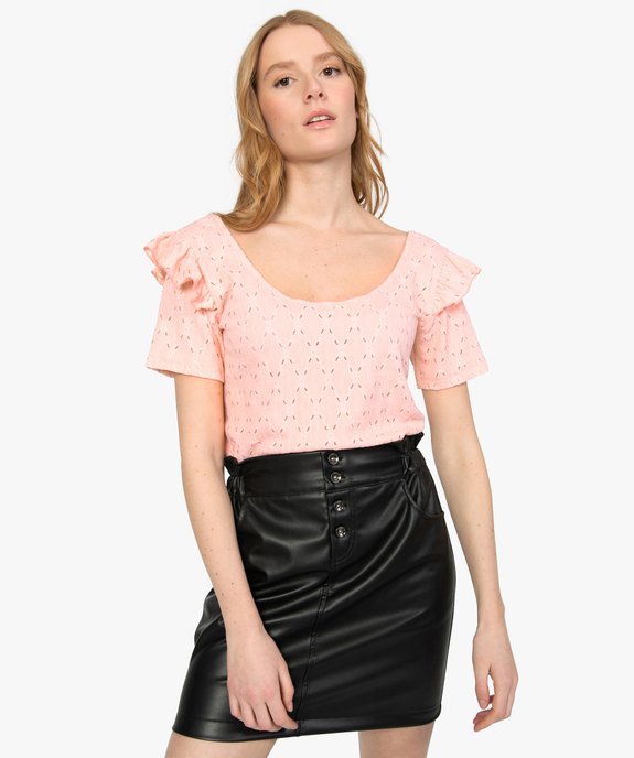 Tee-shirt femme en crêpe ajouré et volant vue1 - GEMO(FEMME PAP) - GEMO