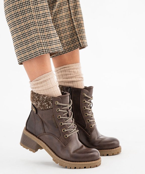 Bottines fourrées crantées à talon et haut de tige en maille tricotée femme vue1 - GEMO(URBAIN) - GEMO